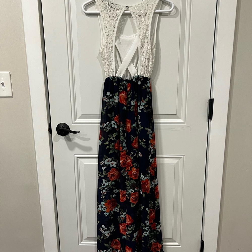 Lace and shear floral maxi dress with open back